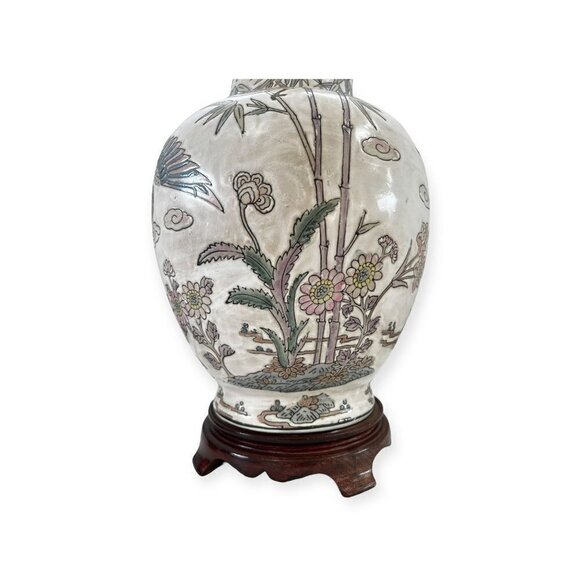 Japanese porcelain table lamp Antique With Wood Base 27" tall - Picture 7 of 13